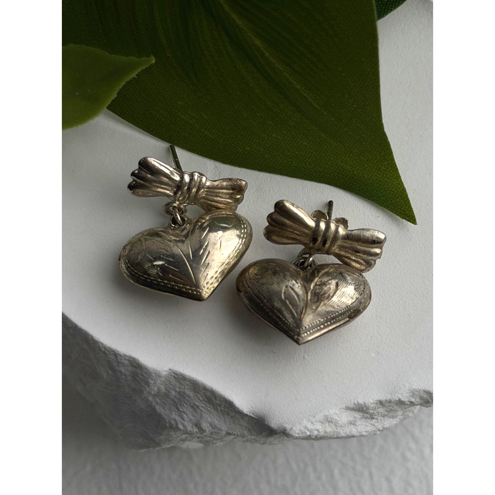 Vintage Heart with Bow Dangle 925 Sterling Silver Earrings